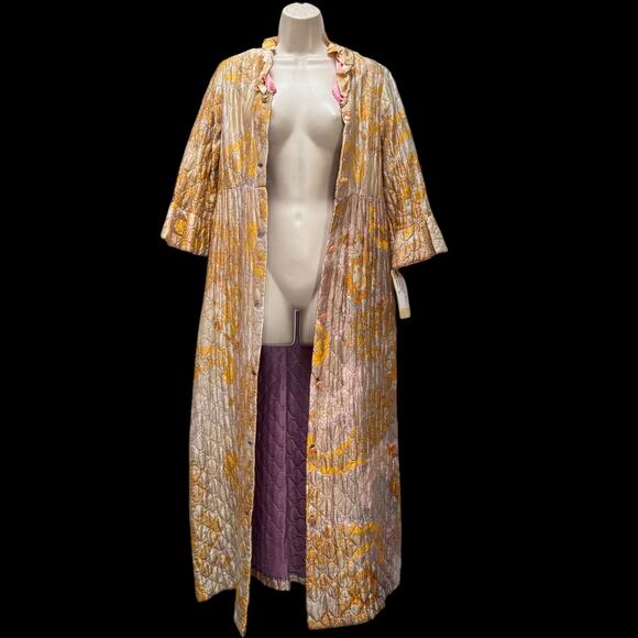 Vintage 1960s Quilted Hostess Gown Pink Sash Lounge Robe Psychedelic Print - Picture 7 of 16